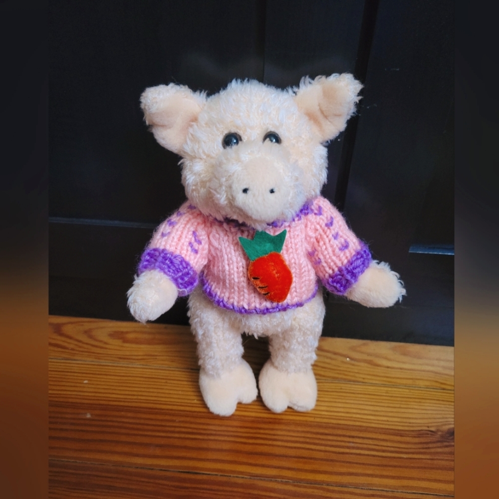 Vintage 1988 Chrisha Playful Plush Pig with Pink Sweater